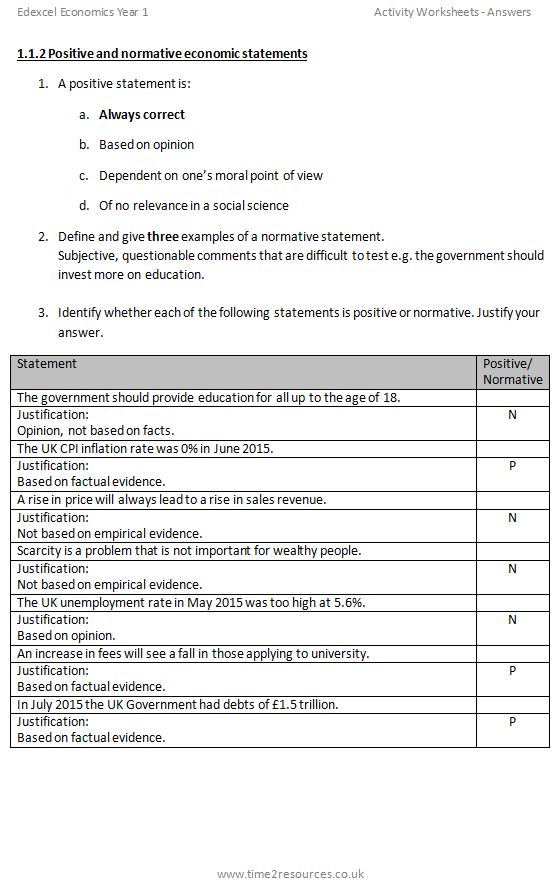 edexcel gce economics year 1 activity worksheets
