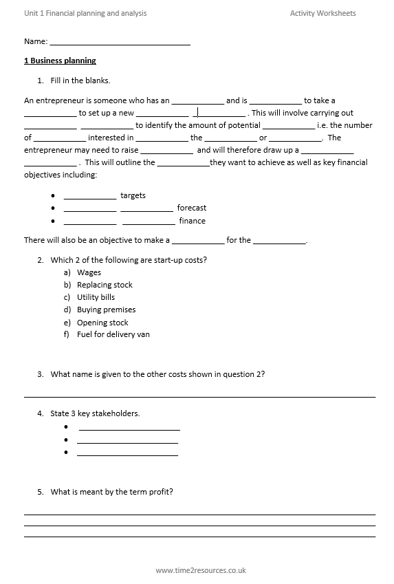 AQA Applied General Business Unit 1 Activity Worksheets