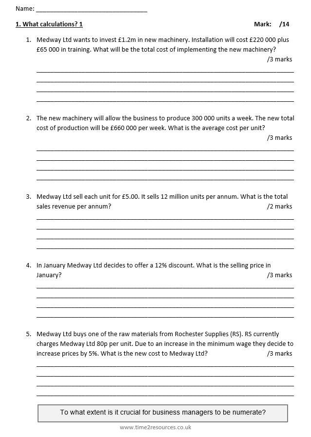 Edexcel GCE Business Year 1 Calculation Worksheets