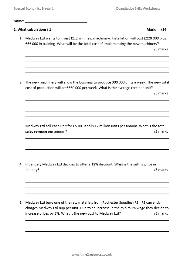 Edexcel GCE Economics B Year 1 Quantitative Skills Worksheets