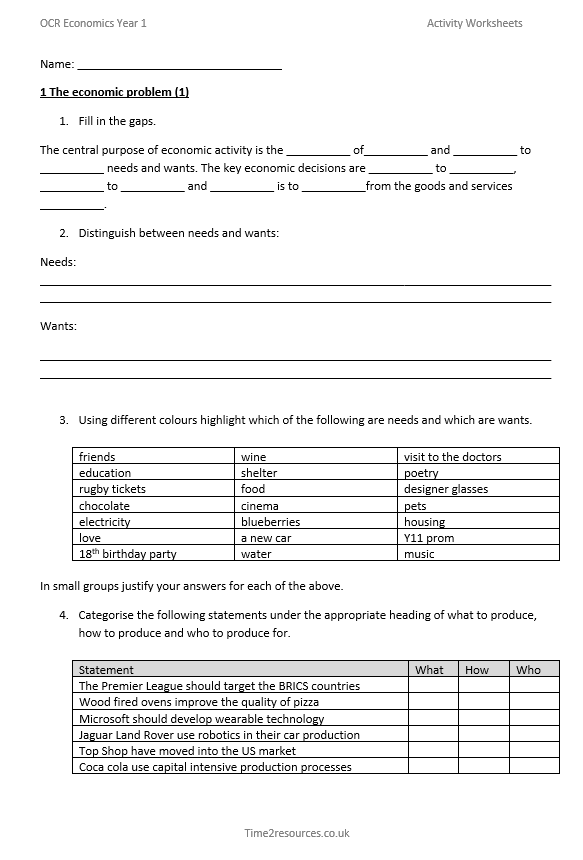 OCR GCE Economics Year 1 Activity Worksheets
