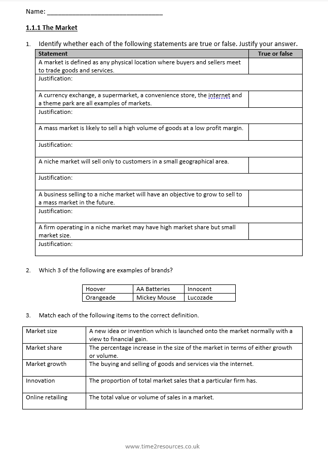 Edexcel GCE Business Year 1 Activity Worksheets